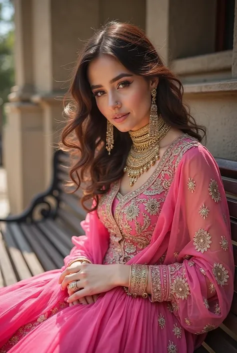 a close up of a woman sitting on a bench with a pink dress, a picture by Matija Jama, pexels, hurufiyya, wearing ornate clothing, very vibrant, wearing an ornate outfit, wearing a pink dress, intricate clothing, close up half body shot, ornately dressed, i...