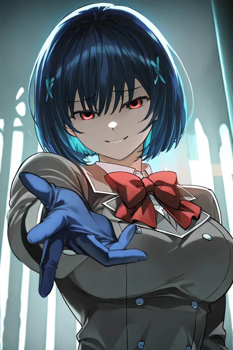  a girl with large breasts , blue hair, multicolored hair, detailed eyes, Yandere expression , Yandere,  evil smile, Uniforme Akame ga kill, blue glove, red eyes,  short hair