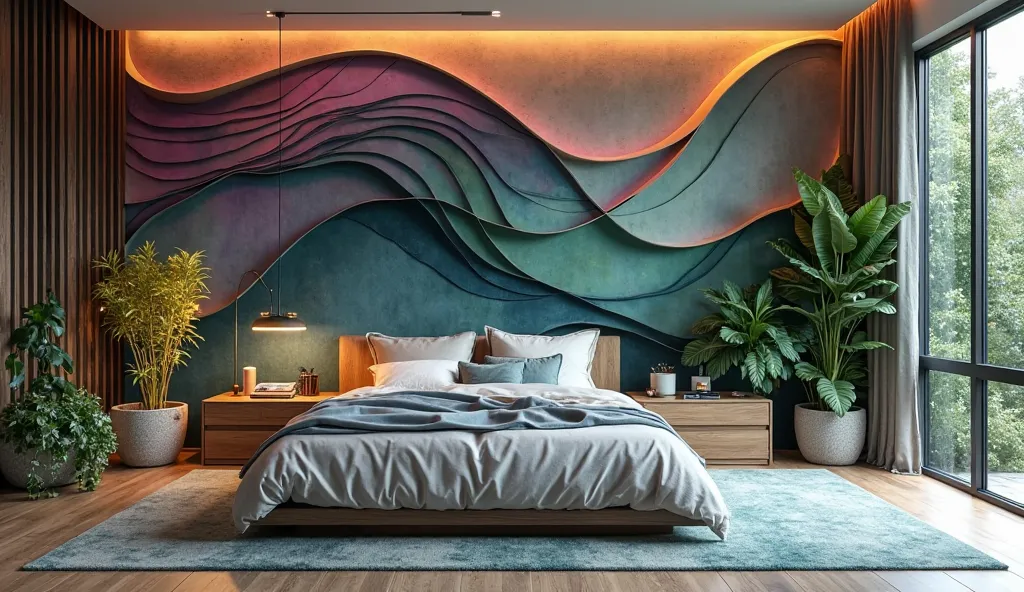 An innovative, contemporary, biophilic-style bedroom merges nature with modern design, featuring a striking parametric wall that flows like organic waves, creating a sense of movement and tranquility. A rich palette of deep blues, greens, purples, and pink...