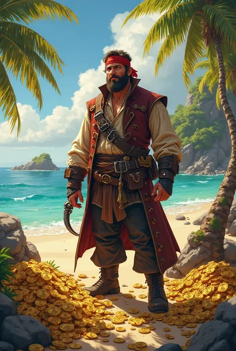 disney, SLIGHTLY BROWN BEARDED PIRATE MAN, ACCUMULATING GOLD TREASURES ON AN ISLAND