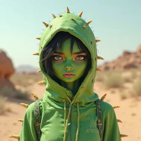 Une femme cactus humanoïde qui court avec la peau verte en cactus en habille de running avec une capuche verte qui a des cheveux noir et des yeux vert qui a la tête sur le cotée, qui court dans le désert ou s’est écris « NEEWTE »