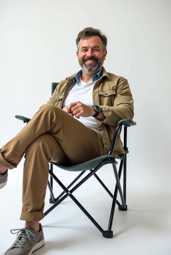 A man sits on a chair half sideways. It's a camp chair. The man is dressed in everyday clothes. The man's head is turned to the viewer, smiling On a white background.