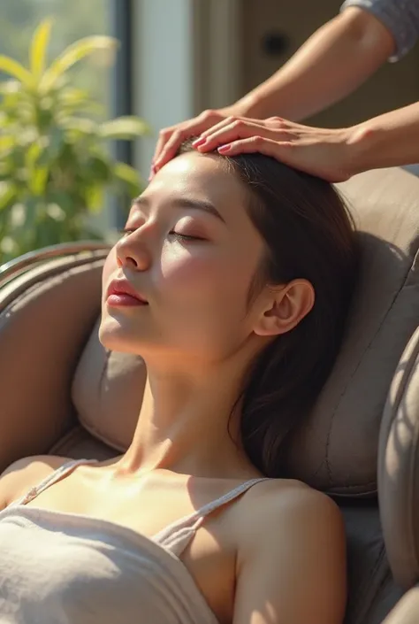 A woman sitting in a massage chair whose head is scratched, the background does not appear as drawn