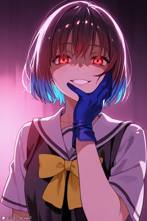 1 Big Breasted Girl, blue hair, multicolored hair, detailed eyes, Yandere expression , Yandere,  evil smile, Boruto Uniform, blue glove, red eyes, long hair