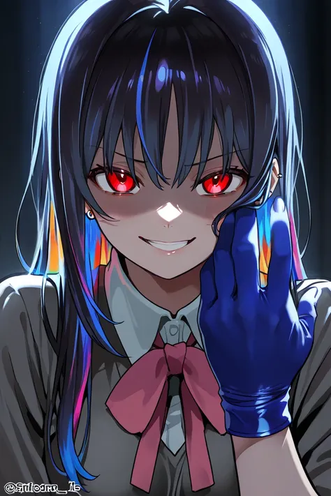 1 Big Breasted Girl, blue hair, multicolored hair, detailed eyes, Yandere expression , Yandere,  evil smile, Boruto Uniform, blue glove, red eyes, long hair