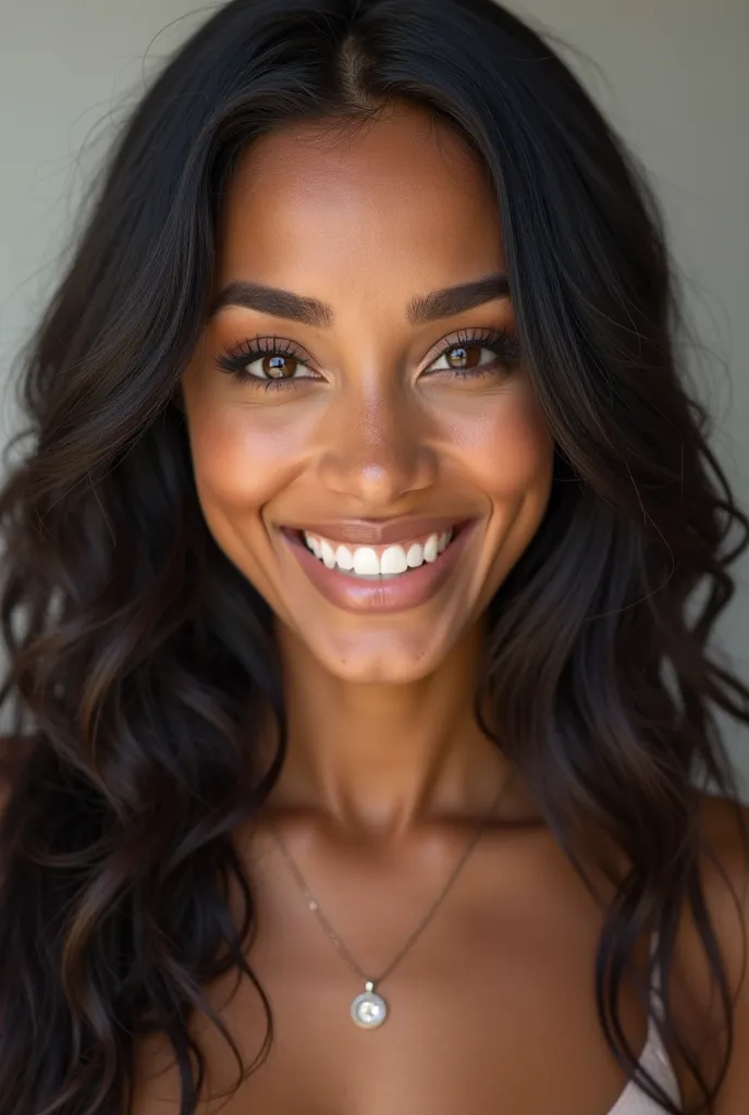 smiling woman with long black hair and a necklace on, photo of a beautiful woman, mixed-race woman, tanned beauty portrait, mixed race woman, smiling woman, beautiful smiling face, beautiful and smiling, portrait of a beautiful model, beautiful smile, smil...