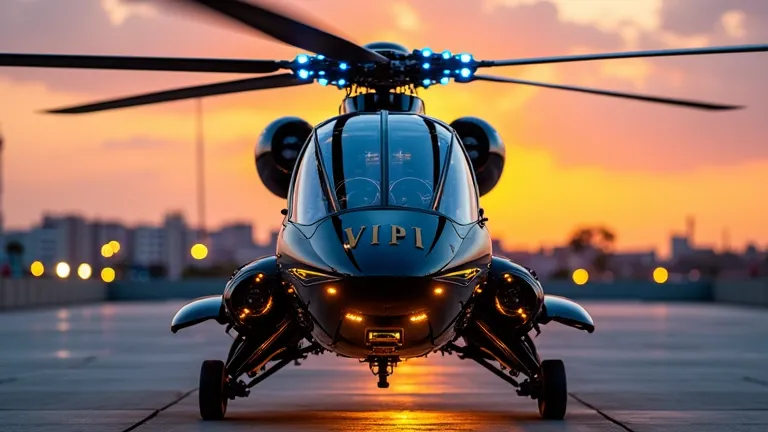 "A highly modified and luxurious VIP version of the CAIC Z-10 attack helicopter, shown from the front view. The helicopter has a futuristic and aggressive design with a sleek black and gold color scheme. The cockpit glass is tinted with a high-tech HUD dis...