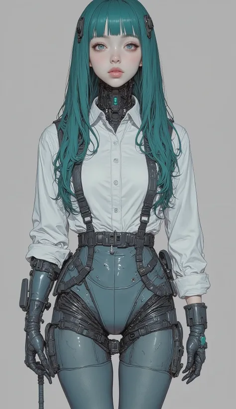 shot from above、Picture of a woman in a white shirt and green hair, Full body concept,  thick smooth warframe thighs  , Female Mecha, full body action concept art,  Hyper Concept Art , conceptual art style, Futa Women's Blue Skin Rest  ,  anime robot is an...