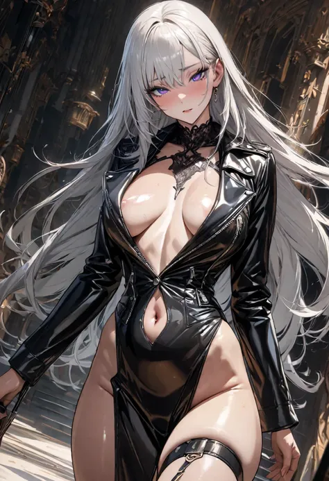 (masterpiece, best quality, highres,very detailed depiction,16K),(shiny skin,sleek skin),(shiny leather jacket,leather side slit skirt),dewy skin,revealing clothing,leg ring,very detailed pelvis,Groin,very detailed inguinal area,lower abdomen,lower belly l...