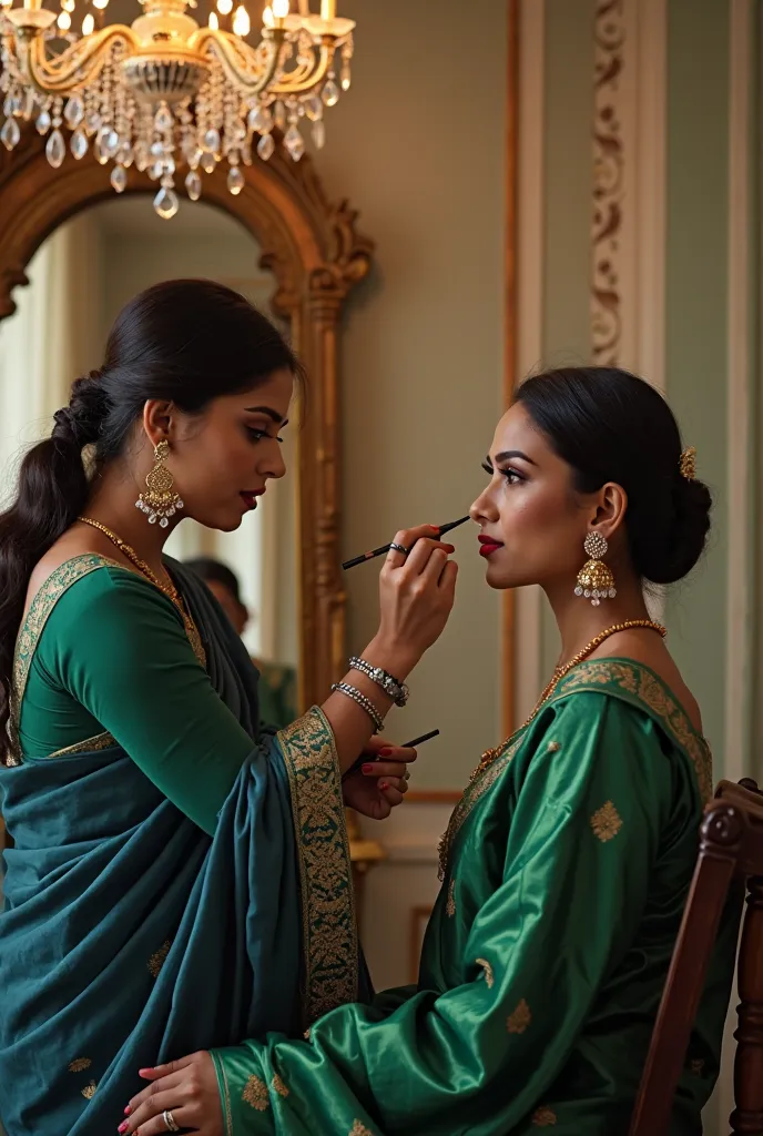  In front of an ornate mirror, Shama, a beautiful married woman in green saree and traditional attire, applies dark kohl eyeliner to Nirmala’s eyes. The kohl accentuates the size and shape of Nirmala’s eyes, making them appear larger and more expressive. N...