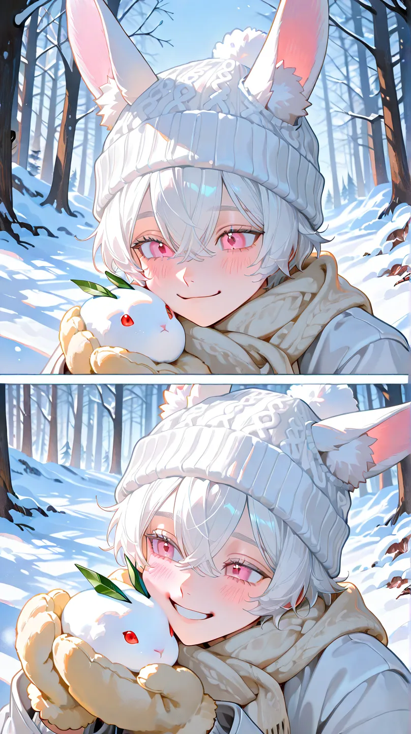 young boy,white hair,pink eye,boy with rabbit ears,well-fleshed,warm clothing,breathe white,snowy landscape,snow forest,smile prettily,blush,snow rabbit in hand,knitted hat,woolen scarf,fluffy gloves,dynamic depiction,oblique look,white coat,describing a f...