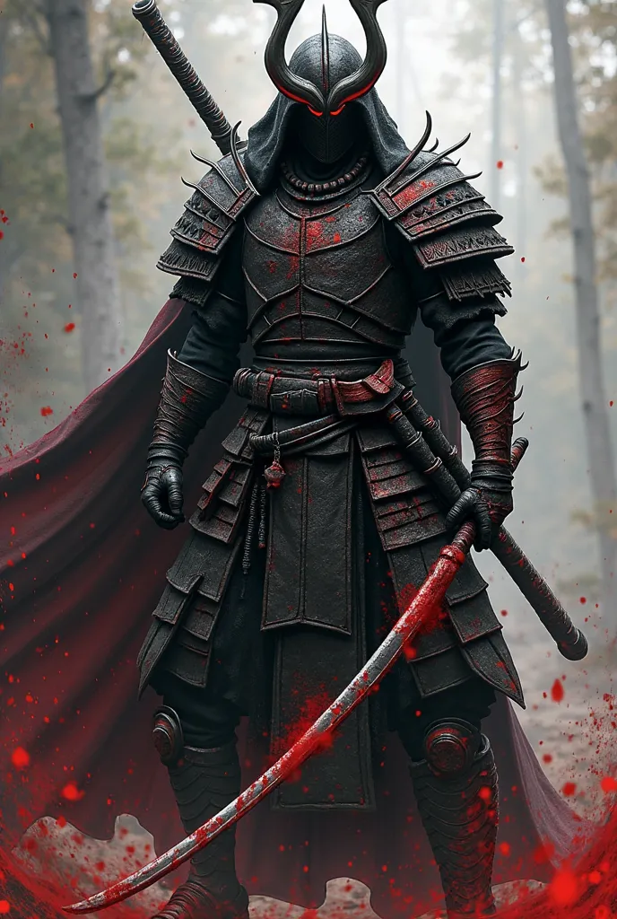 I want an orochi like character from the game for honor make his armor pitch black with red highlighted details and chokutos instead of regular katanas the handles pitch black and the blades too but with Red highlighted details and blood dripping off of th...