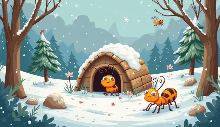 in a winter season an ant is in home in beautiful forest in cartoon form