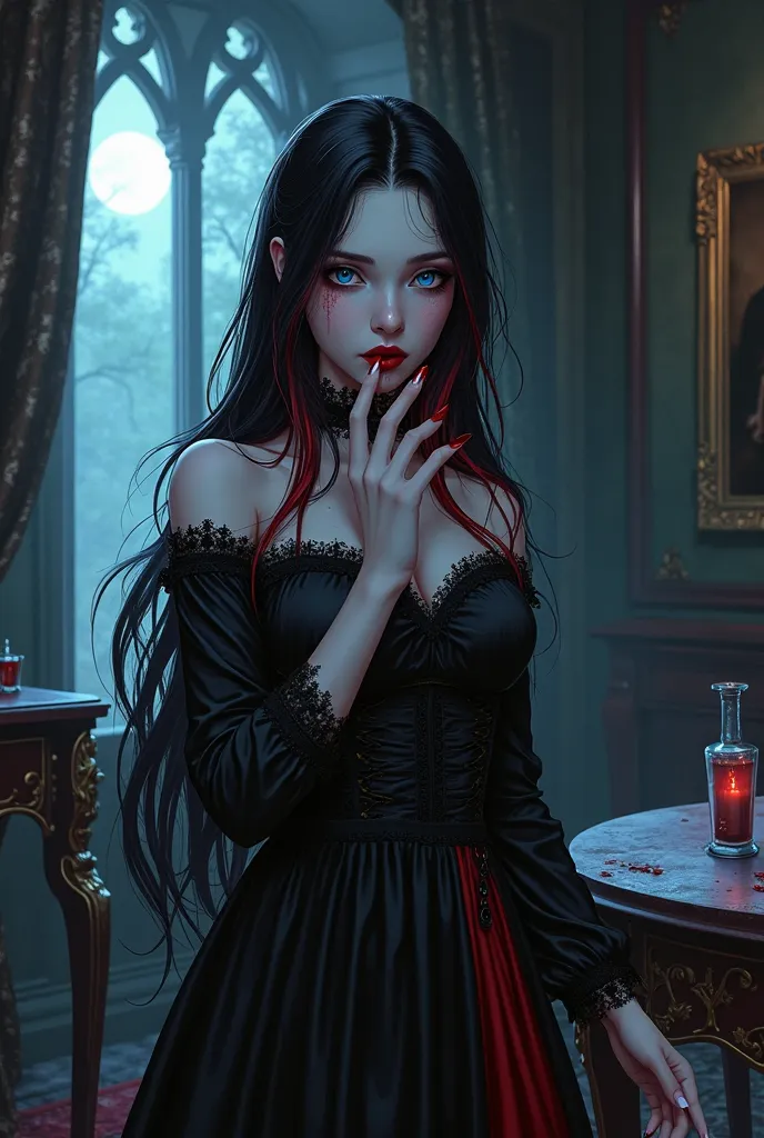 Dark castle room, with old furniture and paintings on the wall neat the open window where you can see full moon stand beautiful female vampire, she have pale skin saphire blue eyes, dark red lipstick and eye shadows, her hair is long and b;ack with a red h...