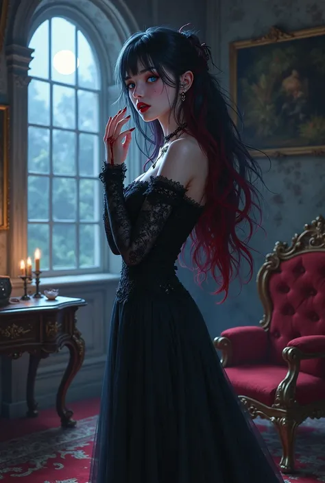 Dark castle room, with old furniture and paintings on the wall neat the open window where you can see full moon stand beautiful female vampire, she have pale skin saphire blue eyes, dark red lipstick and eye shadows, her hair is long and b;ack with a red h...