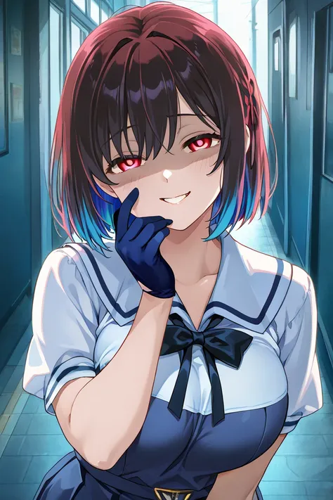 Uniform 1 Big Breasted Girl, blue hair, multicolored hair, detailed eyes, Yandere expression , Yandere,  evil smile, Uniforme My Dress Up Darling, blue glove, red eyes, long hair