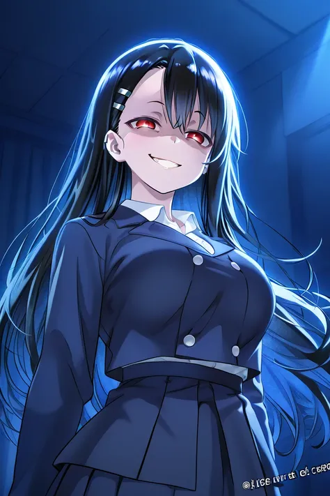 1 Big Breasted Girl, blue hair, multicolored hair, detailed eyes, Yandere expression , Yandere,  evil smile, Uniforme Nagatoro-San, blue glove, red eyes, long hair