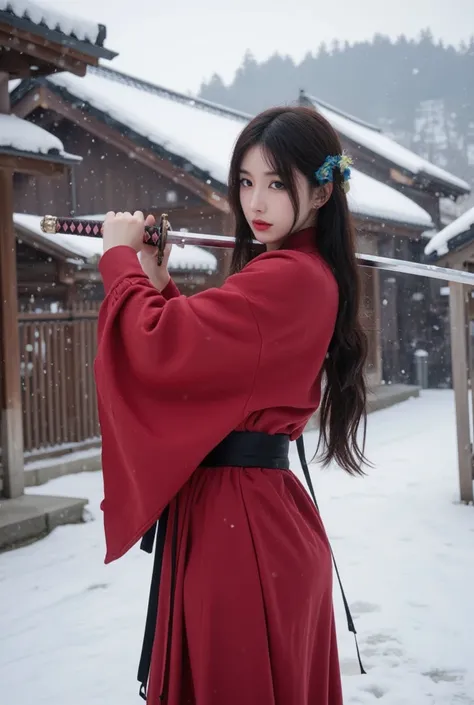 A stunning young woman with long, dark hair, wearing  dressed in a red samurai outfit, wielding a long katana sword in action pose, standing in a snow-covered traditional Japanese village,soft lighting, realistic snow effect.