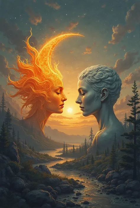 Sun and moon two lovers background scene sun set and moon rising evening scene and both lovers are emotionally sad because of long distance 