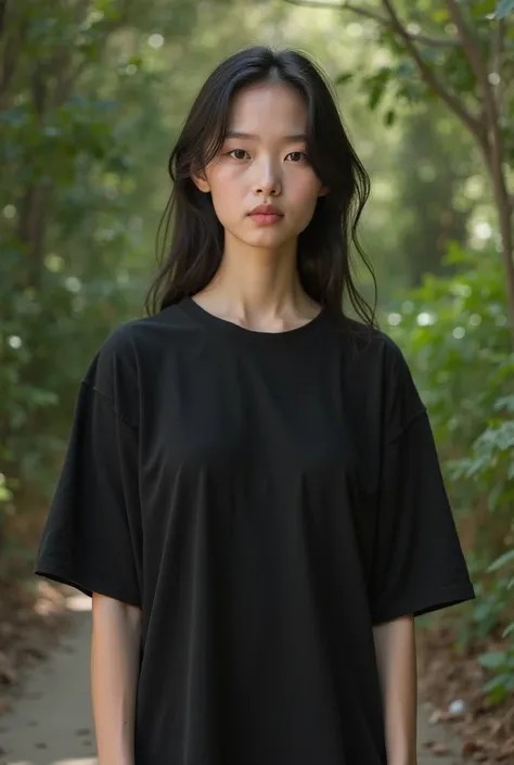 nature bg ,raw photograph, nikon, sony, 1 girl, model, ecomerce front poses ,black oversised tshirt , hipster fashion, minimalistic , black oversised t-shirt, masterpiece , flat chest