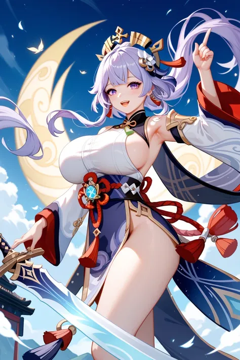 character QiQi ，from genshin impact，light purple hair，Wearing a Chinese form-fitting dao robe with side slits reaching the waist，Standing on a flying sword，Celestial courtyard in the background，Ethereal, mystical atmosphere，Ancient Chinese fantasy style, 4...