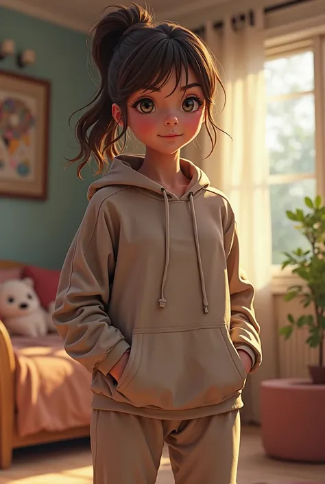 A girl in a tracksuit in the house