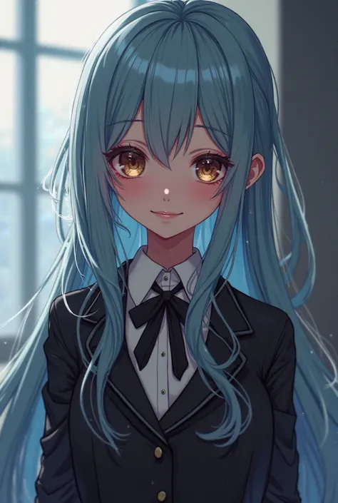 Female character inspired by the anime Diabolik Lovers style,  Brown skin, long light blue hair, light brown eyes,  beautiful smile,  wearing black school uniform.