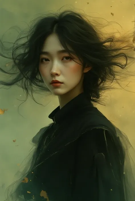 Sprit of the wind, in style of ink paiting,A hyperrealistic portrait of a young woman with pale skin and dark, voluminous hair. She has an intense and melancholic gaze, wearing a deep black, elegant outfit. The background is a moody, atmospheric blend of s...