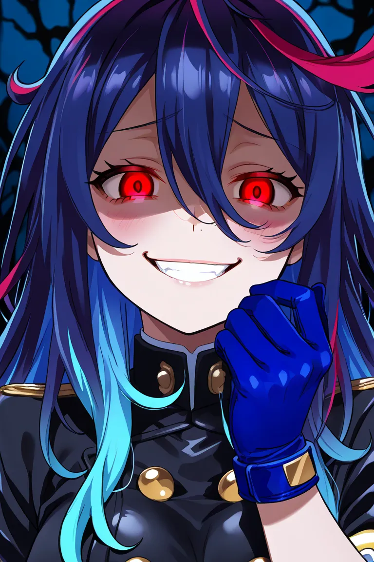 1 Big Breasted Girl, blue hair, multicolored hair, detailed eyes, Yandere expression , Yandere,  evil smile, Uniforme Citrus anime, blue glove, red eyes, long hair