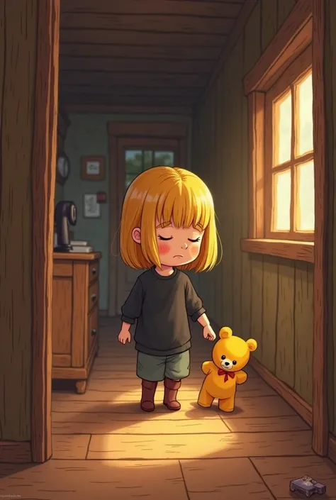 A small girl with straight blonde hair, wearing a black shirt, walks through a cozy wooden house with a sad expression. She looks around the room, searching for her missing yellow teddy bear. The warm wooden floors creak softly under her steps, and the dim...