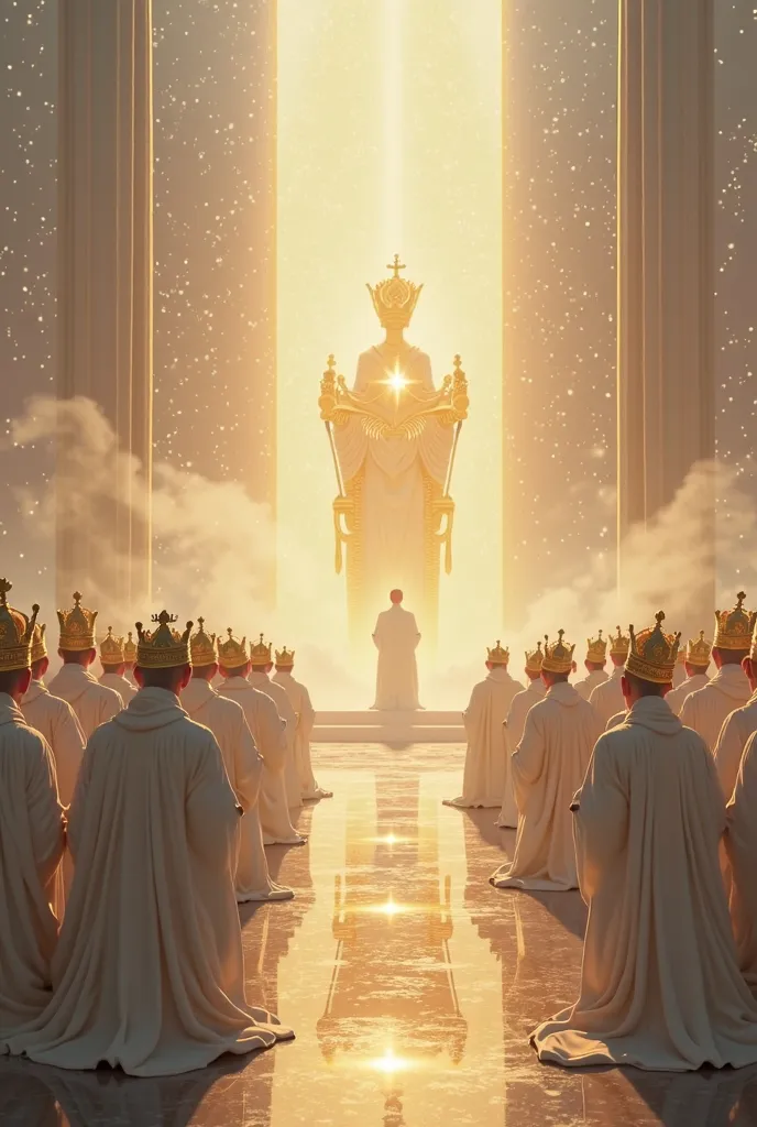 Create a realistic and moving image of 24 elders dressed in bright and immaculate white robes, each wearing an intricately detailed gold crown. They are in a gesture of deep reverence, kneeling and casting their crowns before a majestic and resplendent thr...