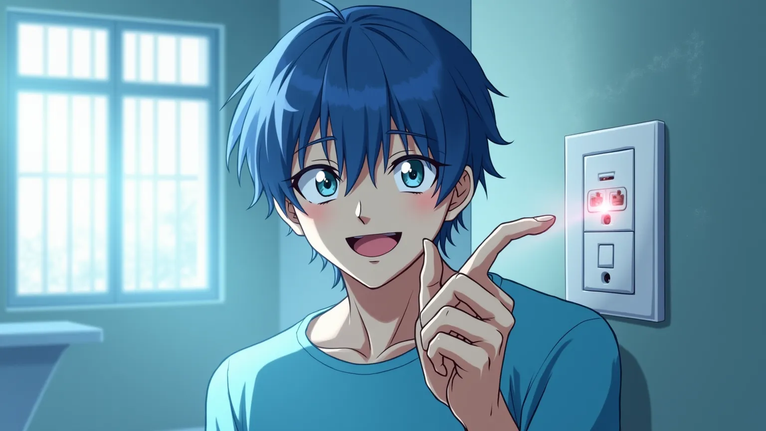  Anime style. The bright ward of the mental hospital. There are bars on the windows. anime guy 30 years old,  blue hair. In the patient's clothes. He sticks his fingers into the outlet, why does he get electrocuted. The guy has a crazy smile on his face. 