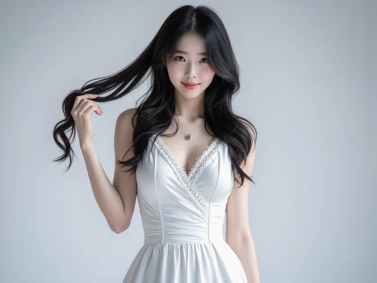  beautiful girl, 18 years old, long layered hair style, Hair stuck to the left ear,  cup chest A , Very beautiful,  black hair, ผิวVery white, Very white, beautiful, 18 years old,  golden ratio ,White dress set, , seductive shape , Very big hips, Very beau...