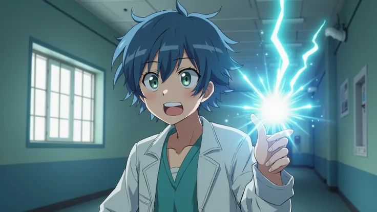  Anime style. The bright ward of the mental hospital. There are bars on the windows. anime guy 30 years old,  blue hair. In the patient's clothes. He sticks his fingers into the socket, why does he get electrocuted. The guy has a crazy smile on his face. 