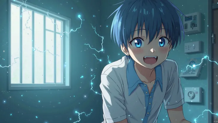  Anime style. The bright ward of the mental hospital. There are bars on the windows. Anime guy 30 years old,  blue hair. In the patient's clothes. He sticks his fingers into the outlet, why does he get electrocuted. The guy has a crazy smile on his face. 