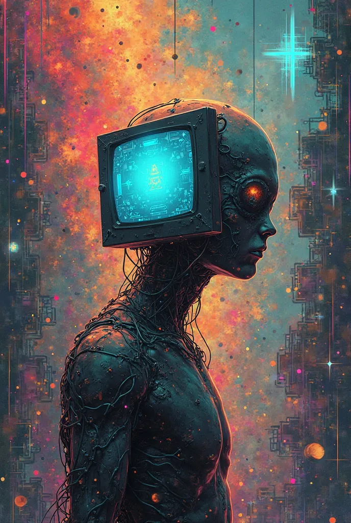 make a background pictures that can relate to human with TV head in colored .