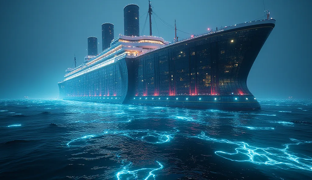 Modern version of Titanic as a massive floating city with glass walls and LED lights, surrounded by glowing waves, ultra-detailed, cinematic atmosphere.