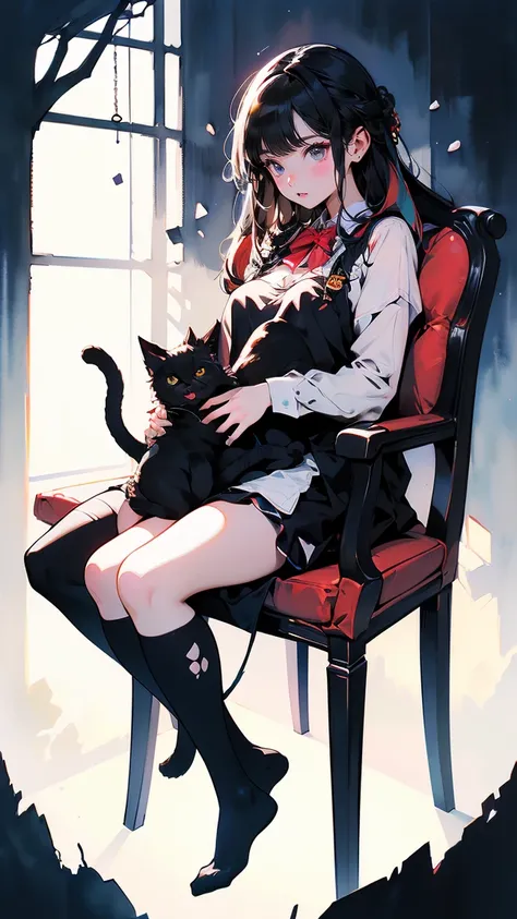 ((masterpiece:1.2)), ((Highest quality:1.2)),  1girl , ((1black kitten, sleeping on her lap:1.2), cute, peaceful, domestic, smile, friendly, warm atmosphere:1.2, Glaring eyes, braid hair, thigh-high socks)), (full body, Two Legs), (side shot), cat behavior...