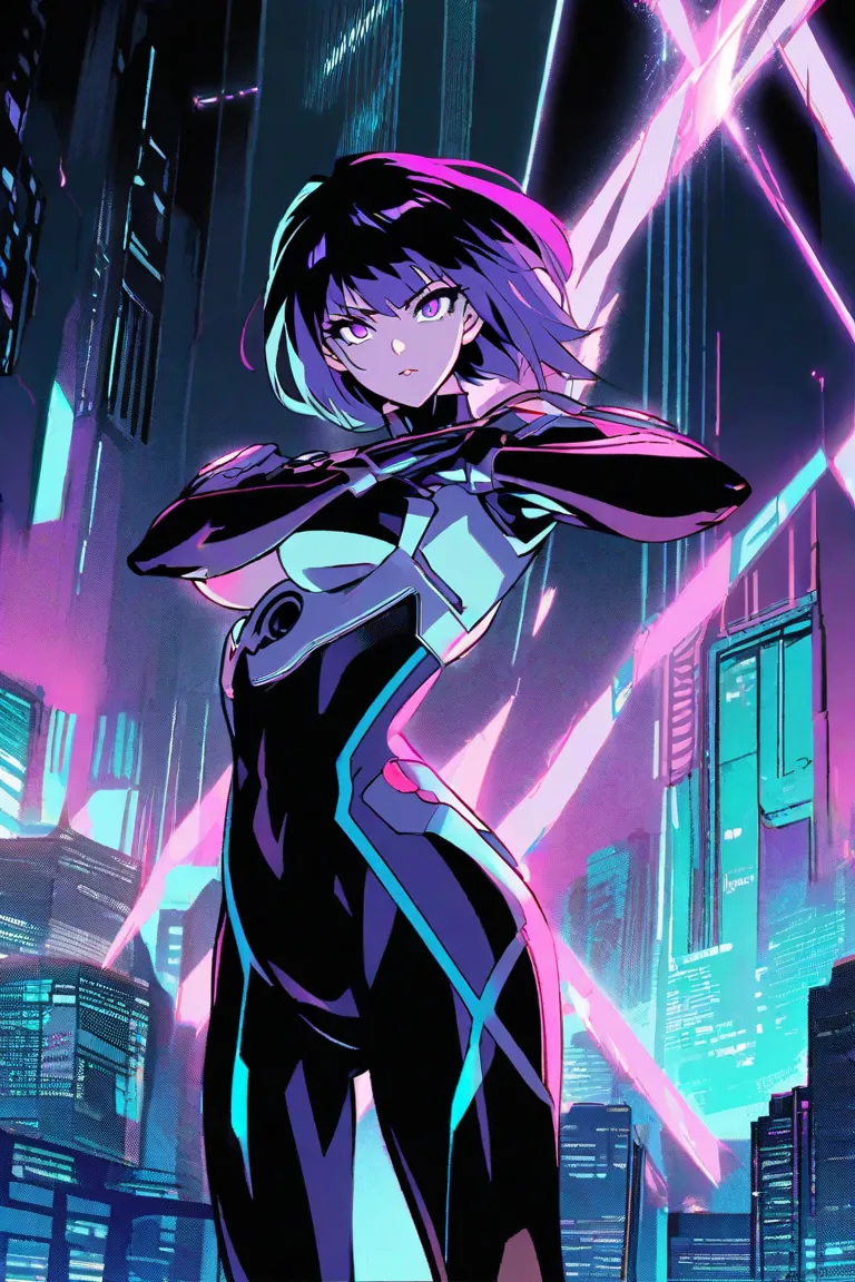 Create an illustration of Motoko Kusanagi from *Ghost in the Shell* in a cel-shaded anime style, using a limited 16-color palette. Motoko has short, sleek purple hair and sharp, piercing eyes that reflect her intelligence and determination. She is wearing ...