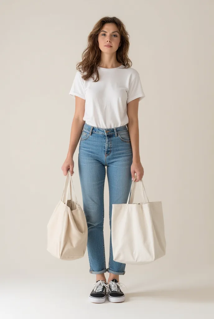 a young woman wearing jeans and Vans® sneakers, holding a plain white bag, holding a raw cloth bag, shutterstock, holding a cloth bag, square bag, sustainable materials, fluid bag, carrying an ecobag