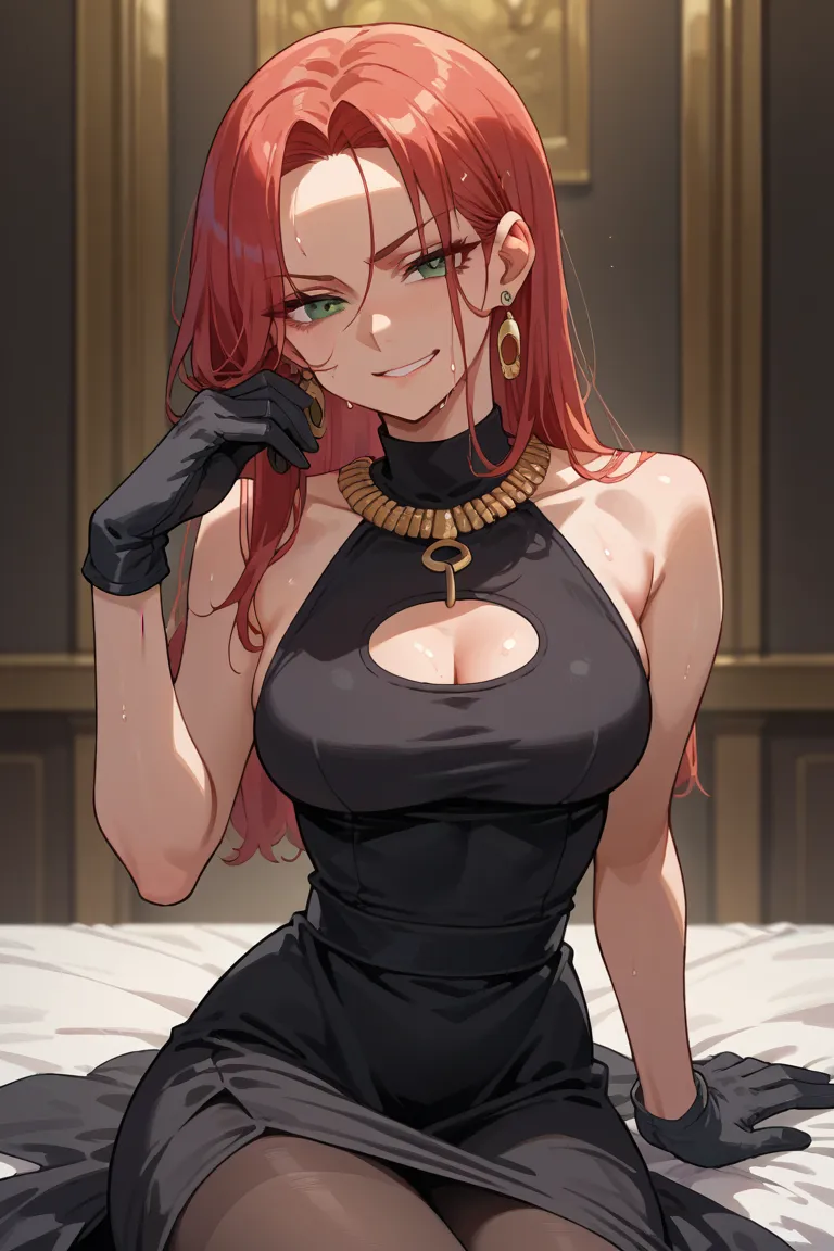  score_9,  score_8_up,  score_7_up,  score_6_up,  source_anime, BREAK 1girl, Solopovacara watching you ,  eyelashes, earrings, necklaces, black dress, chest cutout,  long dress, Black gloves, (( very sweaty ), open, sit, black pantyhose , Ashikiri,smirk