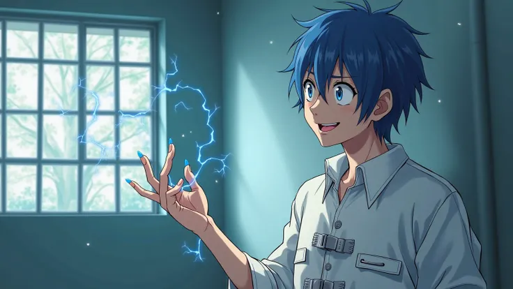  Anime style. The bright ward of the mental hospital. There are bars on the windows. anime guy 30 years old,  blue hair. He is wearing a crazy man's white straitjacket. He sticks his fingers into the socket, why does he get electrocuted. The guy has a craz...