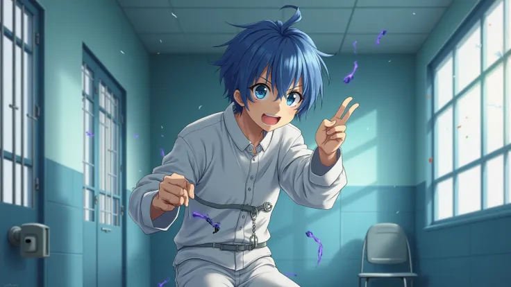  Anime style. The bright ward of the mental hospital. There are bars on the windows. anime guy 30 years old,  blue hair. He is wearing a crazy man's white straitjacket. He sticks his fingers into the outlet, why does he get electrocuted. The guy has a craz...