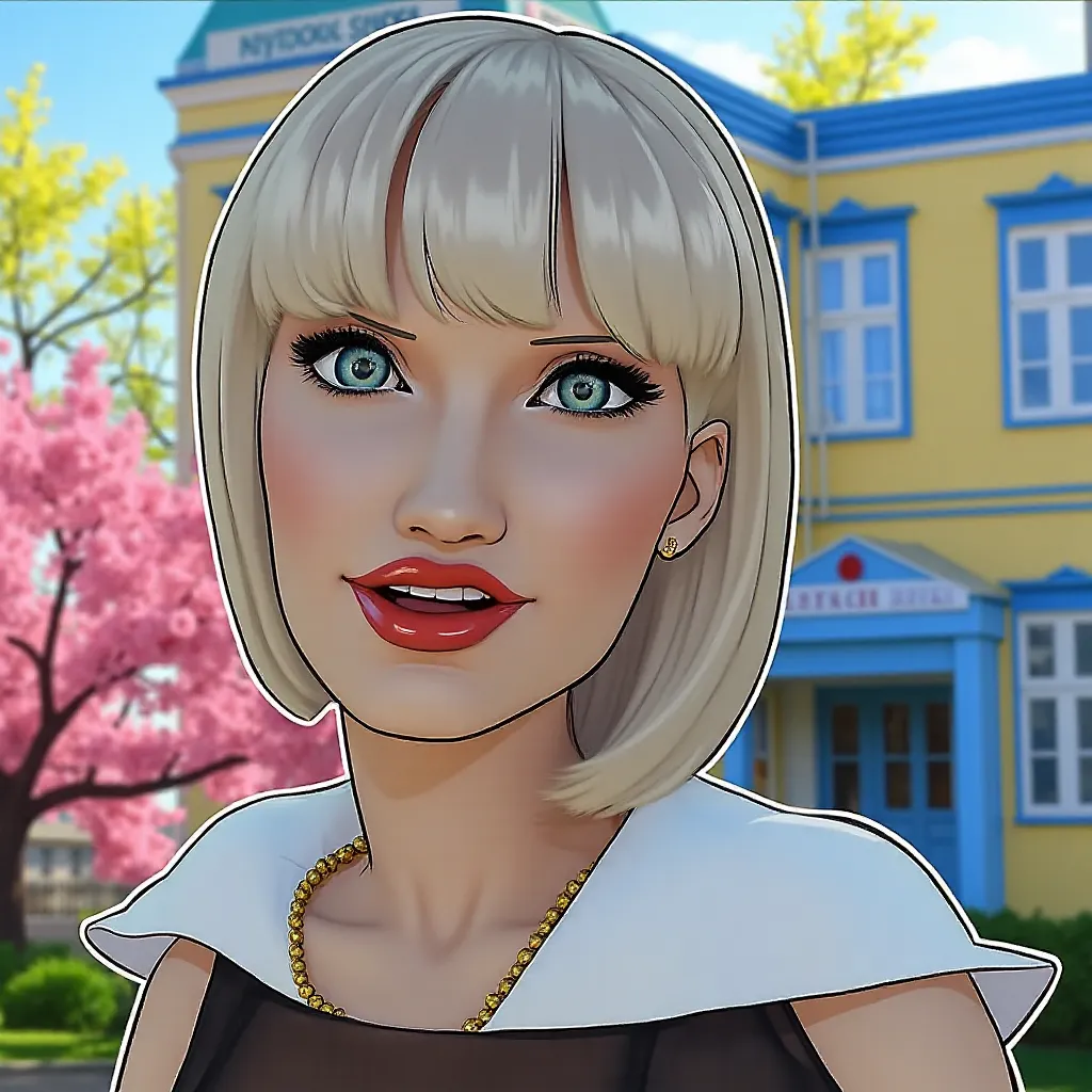 **Prompt for image generation:**  

A beautiful, light-skinned female teacher in her mid-20s to mid-30s stands confidently in front of a Ukrainian school on a bright spring day. She has a short, auburn bob with bangs and an alluring yet professional expres...