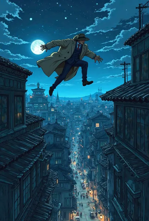 Make it anime drawing. A detective wearing a detective hat chasing a thief across rooftops of houses at night