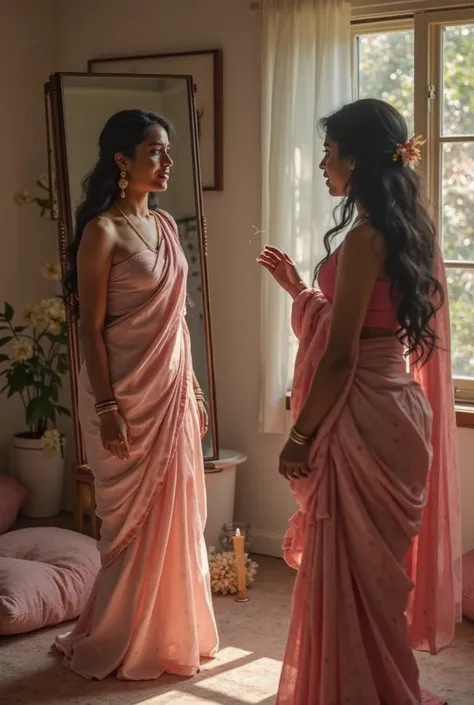 In front of a full-length mirror, the beautiful woman Nirmala stands, her hand delicately placed on her throat as she practices speaking in a higher, softer pitch. The sound of her voice fills the room, and Shama, a beautiful woman, watches intently, offer...