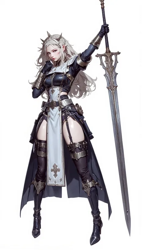 (Masterpiece:1.5,Top Quality:1.3,Amazing Quality:1.3), (Anime Character), ((nsfw)), Solo, Full Length, Chiara, 1 Girl, ((Sexy cute woman:1.5)), White Skin, Silver Gauntlets, Silver Boots, Western sexy Armor, Shining Clothes, gleaming decorations, ((with gi...