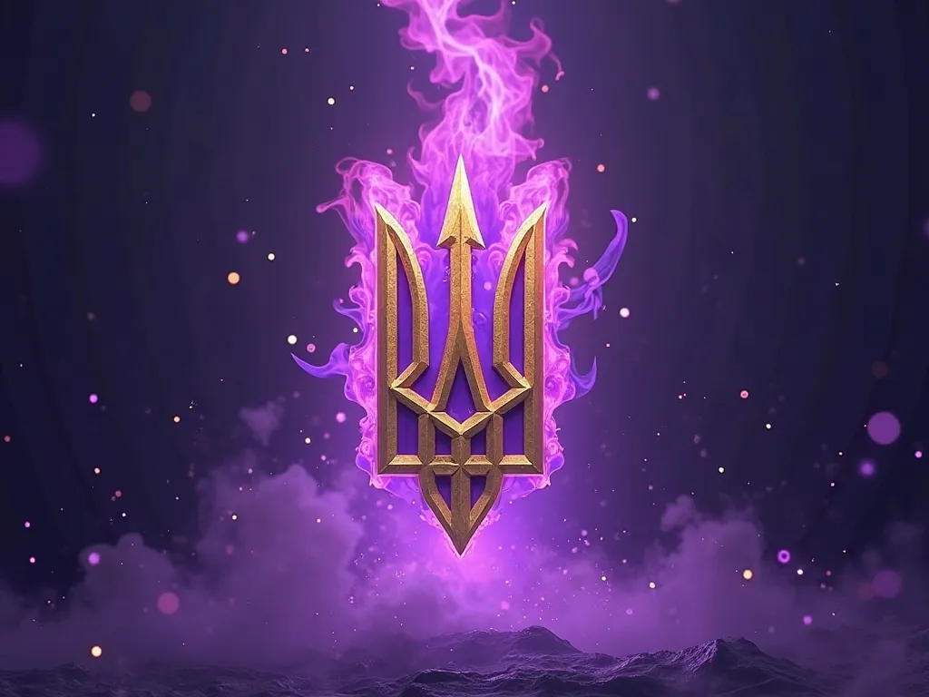 Type Coat of arms with inscription preparation for NMT 2025 with Violet Background and Golden Inscription Coat of arms of Ukraine burning with Violet fire