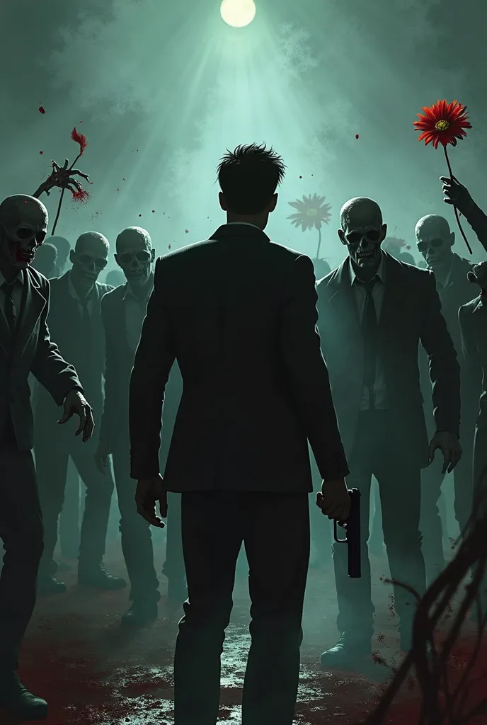 A shadow of a handsome guy pointing a gun a shodow of a handsome zombies head who's holding out a flower for him with zombies in the background and blood everywhere