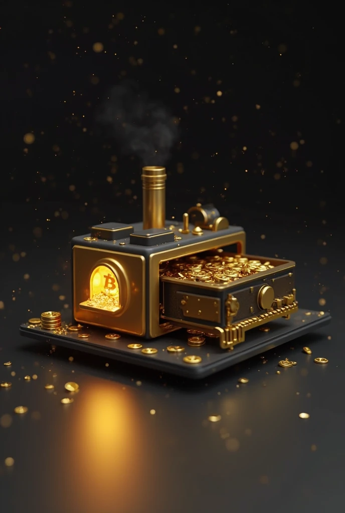 Create a 3D illustration on a black background depicting a factory producing crypto coins from gold bars. The materials for the illustration should be gold metal and matte black elements. The process takes place using a small machine with a conveyor belt: ...